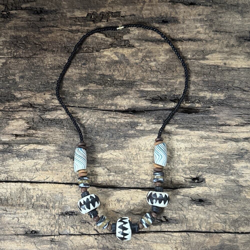 Vintage Tribal Necklace, African Krobo Glass Bicone, Dark Chocolate, Batik Bone